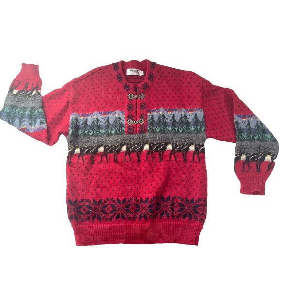 Maria Lammi Finland 100% Merino Wool Hand Knit Nordic Sweater Red Reindeer XS/S - Picture 7 of 12